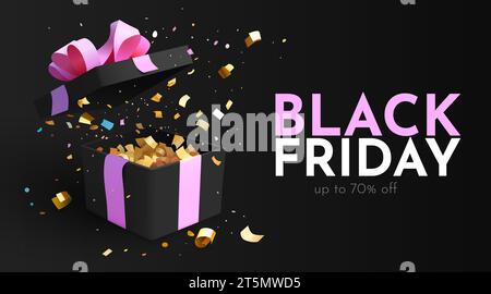 Banner promozionale Premium Black friday. Confezione regalo con fiocco rosa e coriandoli. Illustrazione vettoriale Illustrazione Vettoriale