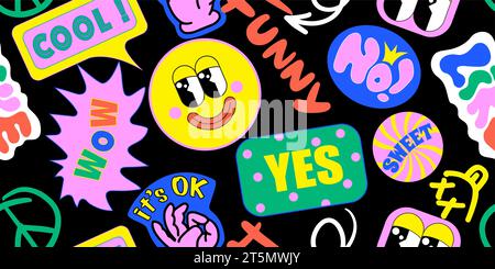 90 Cool Sticker Collage Pattern senza cuciture. Stampa al neon con patch Millennium Style. Cartoon Fun Smile Faces, Urban Typography, Y2K Style Vector Illustration. Illustrazione Vettoriale