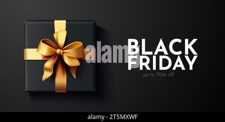Banner promozionale Premium Black friday. Confezione regalo con fiocco dorato. Illustrazione vettoriale Illustrazione Vettoriale