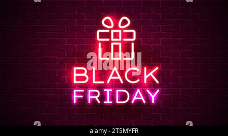 Banner promozionale Premium Black friday. Cartello al neon su un muro di mattoni neri. Illustrazione vettoriale Illustrazione Vettoriale