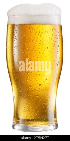 Bicchiere di birra fredda con ampia punta di schiuma isolata su fondo bianco. Tracciato di ritaglio. Foto Stock