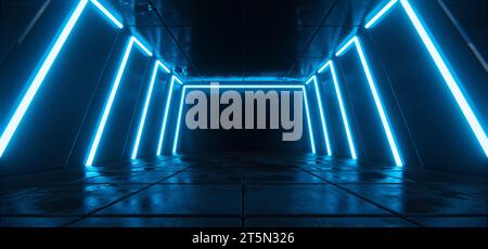 Tunnel futuristico in cemento, corridoio con linee blu accese al neon cyber Foto Stock