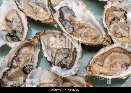 Ostriche grezze aperte sulla vista dall'alto della piastra blu. Cibo prelibato. Foto Stock