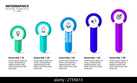 Modello infografico con icone e 5 opzioni o passaggi. Cerchi scorrevoli. Può essere utilizzato per layout del flusso di lavoro, diagrammi, webdesign. Illustrazione vettoriale Illustrazione Vettoriale