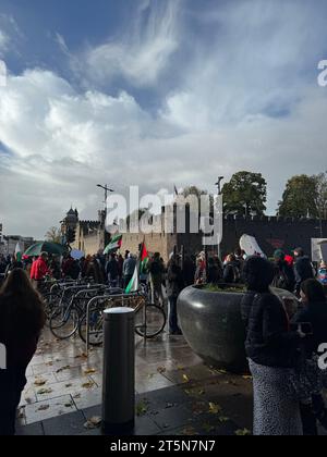 Marzo per la Palestina il 4 novembre 2023 a Cardiff City Centre, Galles, Regno Unito Foto Stock