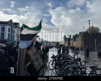 Marzo per la Palestina il 4 novembre 2023 a Cardiff City Centre, Galles, Regno Unito Foto Stock