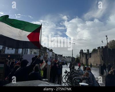 Marzo per la Palestina il 4 novembre 2023 a Cardiff City Centre, Galles, Regno Unito Foto Stock