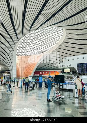 Pechino, Cina, grande folla, viaggi all'interno, vista dell'aeroporto internazionale Daxing di Pechino, hall, terminal, architettura moderna (credito architetto: Zaha Hadid) Foto Stock