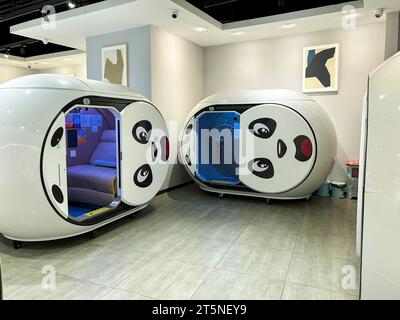 Pechino, Cina, vista dall'interno dell'aeroporto internazionale Daxing di Pechino, dei piccoli Sleeping Hub e delle strutture di volo della hall « Naphubs Foto Stock