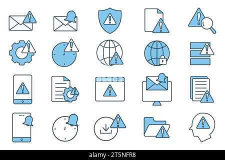 set di icone di avvertenza e notifica. avviso, notifica, errore di sistema, errore di rete, rete protetta, ecc. disegno stile icona linea piatta. Vettore semplice Illustrazione Vettoriale