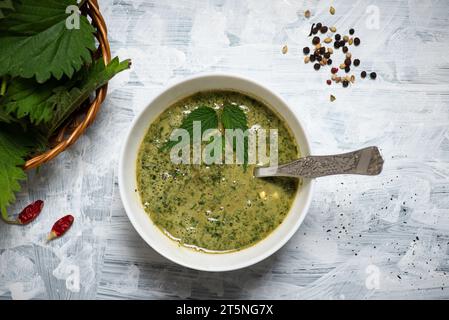 Rinfrescante zuppa di ortica verde cremosa in un recipiente bianco su sfondo chiaro. Delizioso sano antipasto vegano Foto Stock