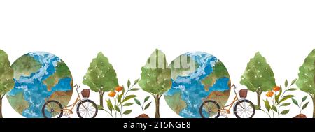 Pianeta terra, bicicletta, albero, foglie verdi e fiori. Bordo senza cuciture ad acquerello con illustrazione disegnata a mano sul tema ecologico. Isolato Foto Stock