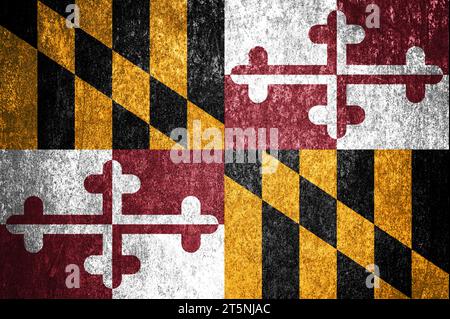 Primo piano della bandiera dello stato del Maryland del grunge. Bandiera dello stato del Maryland sporca su una superficie metallica. Foto Stock