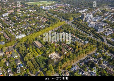 Vista aerea, prevista demolizione del vecchio edificio per uffici Siemens-Nixdorf-Haus su Max-Eyth-Straße per il nuovo edificio residenziale, Gartenstadt, Stadtkrone-o Foto Stock