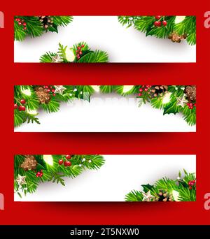 Striscioni natalizi con rami di abete verde, luci natalizie, coni, holly e mistero. Set di banner natalizi vettoriali Illustrazione Vettoriale