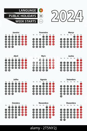 Calendario modello vettoriale 2024 con numero in cerchi, calendario portoghese semplice per l'anno 2024. Illustrazione vettoriale. Illustrazione Vettoriale