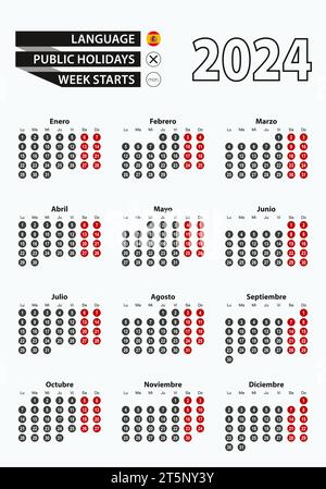 Calendario modello vettoriale 2024 con numero in cerchi, calendario spagnolo semplice per l'anno 2024. Illustrazione vettoriale. Illustrazione Vettoriale