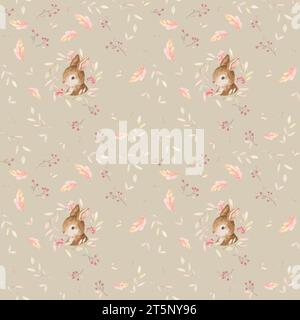 Motivo senza cuciture coniglio, sfondo Forest Animals, acquerello Boho Baby, motivo autunnale, sfondo marrone chiaro Foto Stock