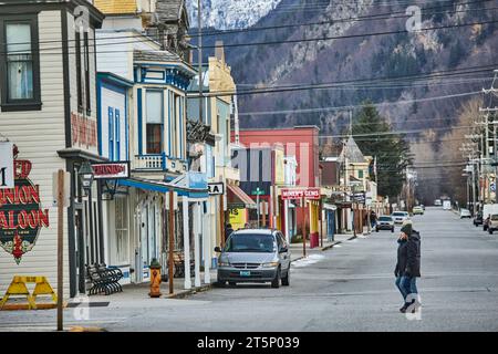 Skagway è una città compatta nel sud-est dell'Alaska, Broadway High Street in inverno Foto Stock