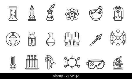 Ampio set di icone per laboratori di chimica e diagrammi che mostrano esperimenti assortiti, vetreria e molecole isolate su bianco per elementi di progettazione, nero a Illustrazione Vettoriale