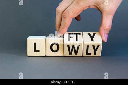 Simbolo alto o basso. Parole concettuali Lofty lowly su blocco di legno. Bellissimo sfondo grigio tavola. Mano d'affari. Business lofty o lowly conc Foto Stock