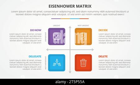 concetto infografico del modello della matrice eisenhower per la presentazione di diapositive con matrice quadrata al centro con elenco a 4 punti con vettore di stile piatto Foto Stock