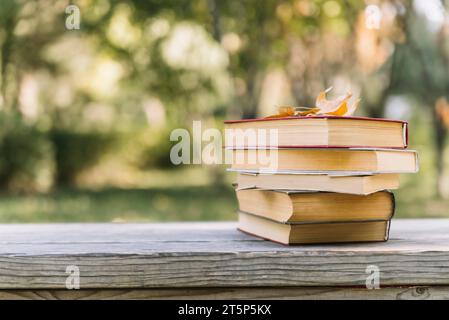 Tavolo dei libri impilati Foto Stock