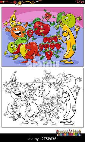 Illustrazioni di cartoni animati di divertenti personaggi di Fruit pagina da colorare Illustrazione Vettoriale