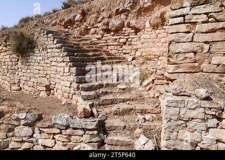 Azaila, Poblado Ibero del Cabezo de Alcala (Monumento storico-artistico). Scala. Bajo Martin, Teruel, Aragon, Spagna. Foto Stock