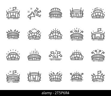 Icone della linea dello stadio sportivo. Canto OLE, arena football, architettura da campionato. Vettore Illustrazione Vettoriale