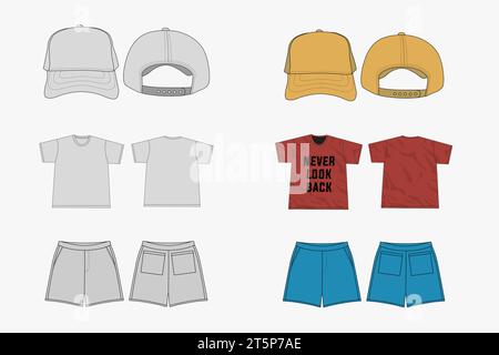 T-shirt streetwear disegno tecnico illustrazione pantaloncini unisex vuoti modello fittizio cappello Moda Flat CAD mockup streetwear Tacksuit Flats VECTO Illustrazione Vettoriale