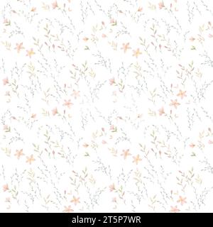 Sfondo floreale selvatico, motivo senza cuciture acquerello, sfondo rustico dei fiori, acquerello Boho, sfondo bianco Foto Stock