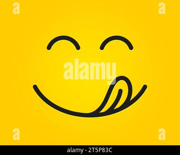 Squisita emoticon sorriso con lingua leccare la bocca. Cibo gustoso mangiare emoji faccia. Delizioso sfondo dei cartoni animati. Vettore Illustrazione Vettoriale
