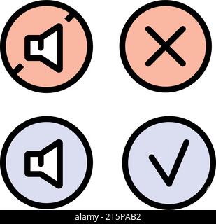 Simboli dell'icona colore di esclusione microfono volume. Pulsante di regolazione con pittogramma. Simbolo di regolazione multimediale. Illustrazione Vettoriale