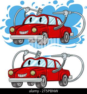 Car Cartoon Character Car Wash. Illustrazione a mano vettoriale isolata su sfondo bianco. Illustrazione Vettoriale