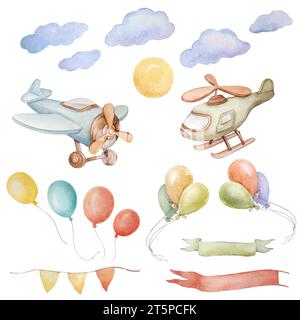 Airplane Watercolor Clipart, Baby Boy Announcement Clipart, Baby Boy Airplane Nursery Cliparts, Watercolor Balloon Cipart, Airplanes Ribbon Sky Clipar Foto Stock