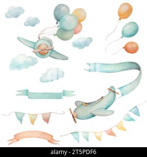 Airplanes Ribbon Sky Clipart, Baby Boy Airplane Clipart, Baby Boy Announcement Clipart, Watercolor Balloon Cipart, Watercolor Ribbon Clip Art Foto Stock