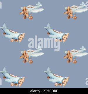 Modelli aeroplani per bambini, modello bambino, modello senza cuciture acquerello, sfondo blu Foto Stock