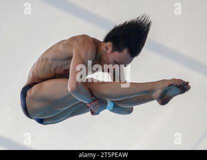 Kuala Lumpur, Malesia. 6 novembre 2023. Jellson Jabillin della Malesia è visto in azione nella piattaforma 10m maschile preliminare durante i campionati Open Diving della Malesia al Centro acquatico Nazionale di Bukit Jalil. Credito: SOPA Images Limited/Alamy Live News Foto Stock