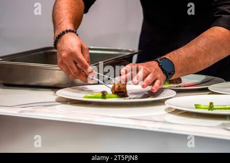 Lo chef prepara un piatto di carne. Foto Stock