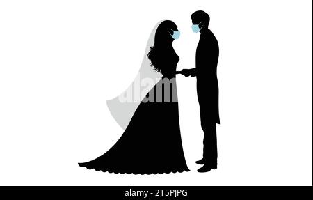 Silhouette di sposo e sposa in piedi e in mano. Indossano delle maschere. Illustrazione Vettoriale