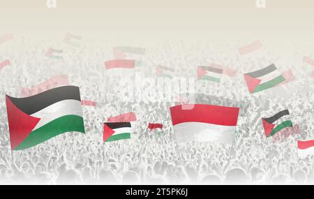 La Palestina e il Principato di Monaco bandierano in una folla di tifosi. Folla di persone con bandiere. Illustrazione vettoriale. Illustrazione Vettoriale