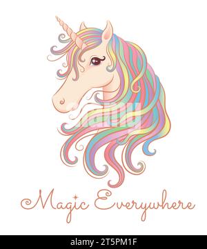 Simpatico unicorno dai capelli colorati con testo magico ovunque. Isolato su bianco. Illustrazione Vettoriale