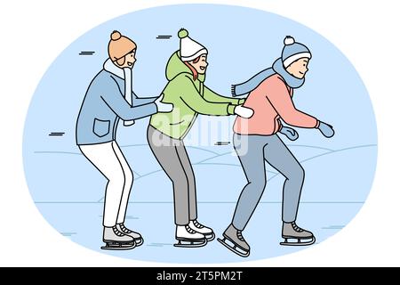 Ragazza, ragazzi in abiti caldi stanno pattinando tenendo l'un l'altro. I giovani skater si divertono sulla pista di pattinaggio. Giochi invernali. Sport, stile di vita sano. Illustrazione multicolore della linea vettoriale isolata in blu. Illustrazione Vettoriale