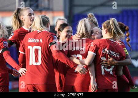 Liverpool FC vs Leicester City - Barclays Women's Super League BIRKENHEAD, INGHILTERRA - 5 NOVEMBRE: Il Liverpool festeggia durante la partita di Super League femminile tra Liverpool FC e Leicester City a Prenton Park il 5 novembre 2023 a Birkenhead, Inghilterra. (Foto Alan Edwards per F2images) Foto Stock