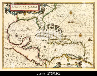 Vecchia mappa del Golfo del Messico e delle isole dei Caraibi. Di Jansson, publ. nel 1636 Foto Stock