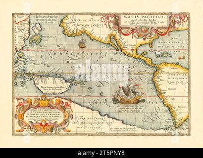Vecchia mappa dell'Oceano Pacifico. Di Ortelius, publ. nel 1612 Foto Stock
