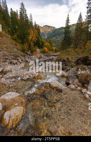 Vista sul torrente Enger Grundbach in autunno, stagione autunnale nella stretta Engtal o valle dell'Ing, Hinterriss, Tirolo, Austria, Europa Foto Stock