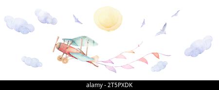 Illustrazioni per bambini Summer Adventure. Baby Airplane Watercolor Wall Art Asilo nido Art Baby Adventure Clipart. Sfondo asilo Clipart Foto Stock