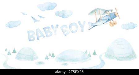 Baby Boy Airplane Watercolor Wall Art Boy Nursery Wall Art Baby Adventure Clipart. Illustrazioni per bambini Summer Adventure. Sfondo asilo Clipart. W Foto Stock